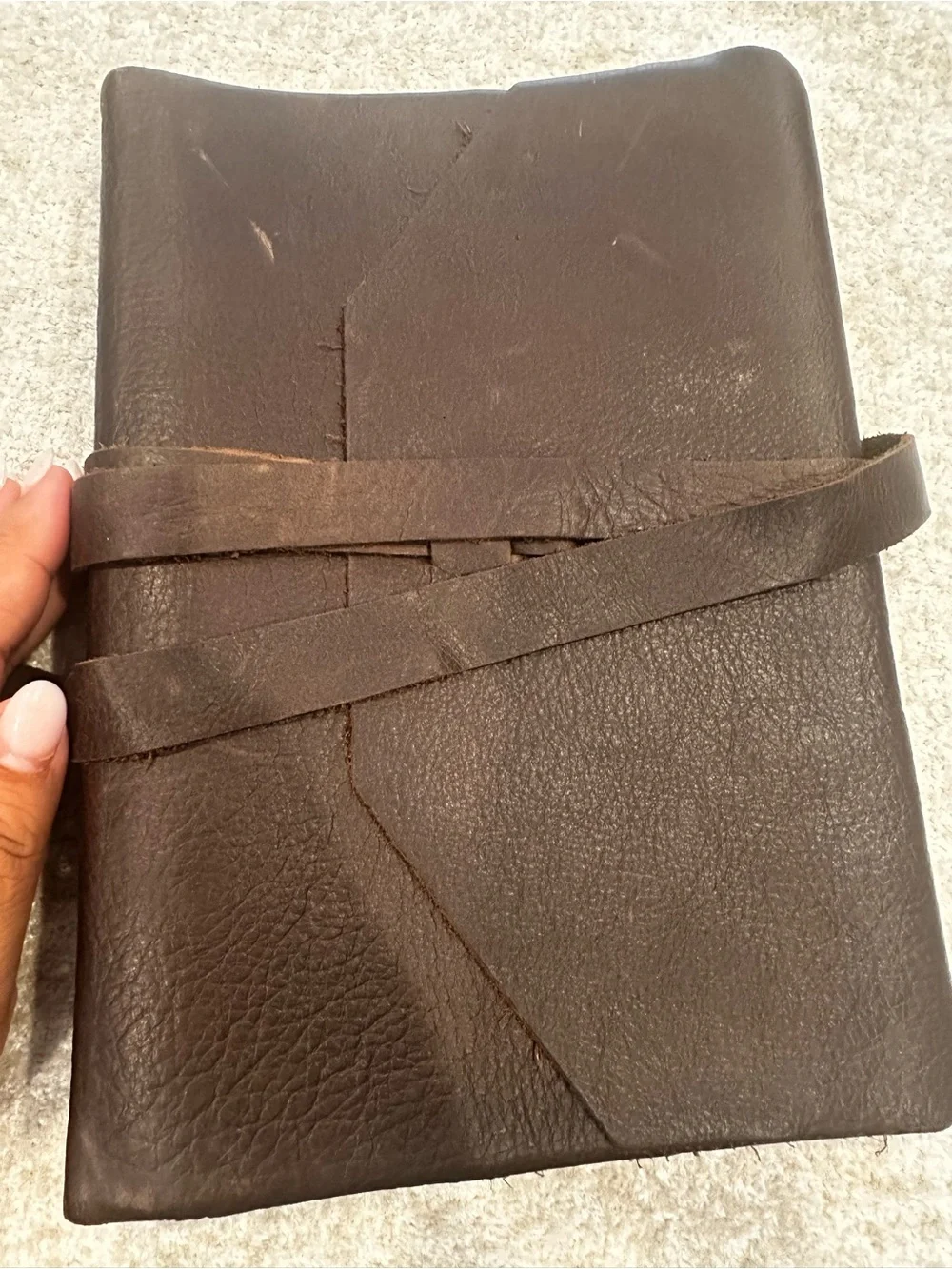Hand-Stitched Brown Leather Wrap Journal